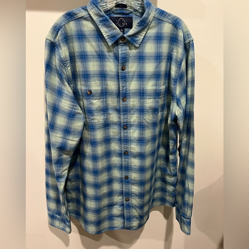 Blue Plaid Men's Even Tide Button Down Casual Shirt Size Slim Large Tall